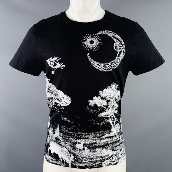 VALENTINO 2020 Size M Black White Landscape Graphic Cotton Crew Neck T-shirt - Picture 1 of 12